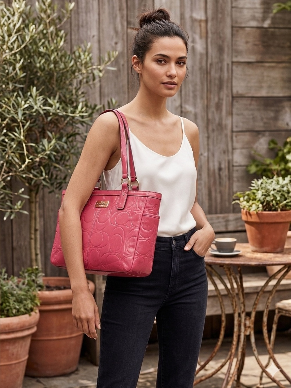 Coach Pink Embossed Leather Shoulder Bag with Scarf Accent